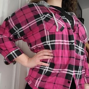 Hot Pink Grey Plaid Hoodie, Button-down, Women's S-M